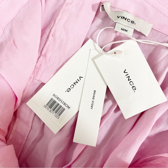 Vince Belted Square Neck Linen Blend Midi Dress Size Medium NWT Barbie Pink - Picture 7 of 9